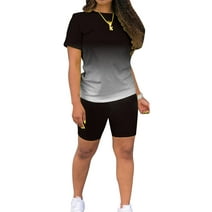 Summer 2pcs Outfits for Women Short Sleeve T-Shirts Bodycon Pants Shorts Set Gradient Color Tracksuit Sportwear