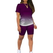 Summer 2pcs Outfits for Women Short Sleeve T-Shirts Bodycon Pants Shorts Set Gradient Color Tracksuit Sportwear