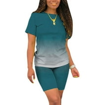 Summer 2pcs Outfits for Women Short Sleeve T-Shirts Bodycon Pants Shorts Set Gradient Jogger Tracksuit Sportwear