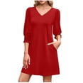 thumbnail image 1 of Summer 3/4 Sleeve Dresses for Women Dressy Casual Fall Midi Dress with Pockets Smocked Cuffs Crew Neck Aline Red, M, 1 of 6