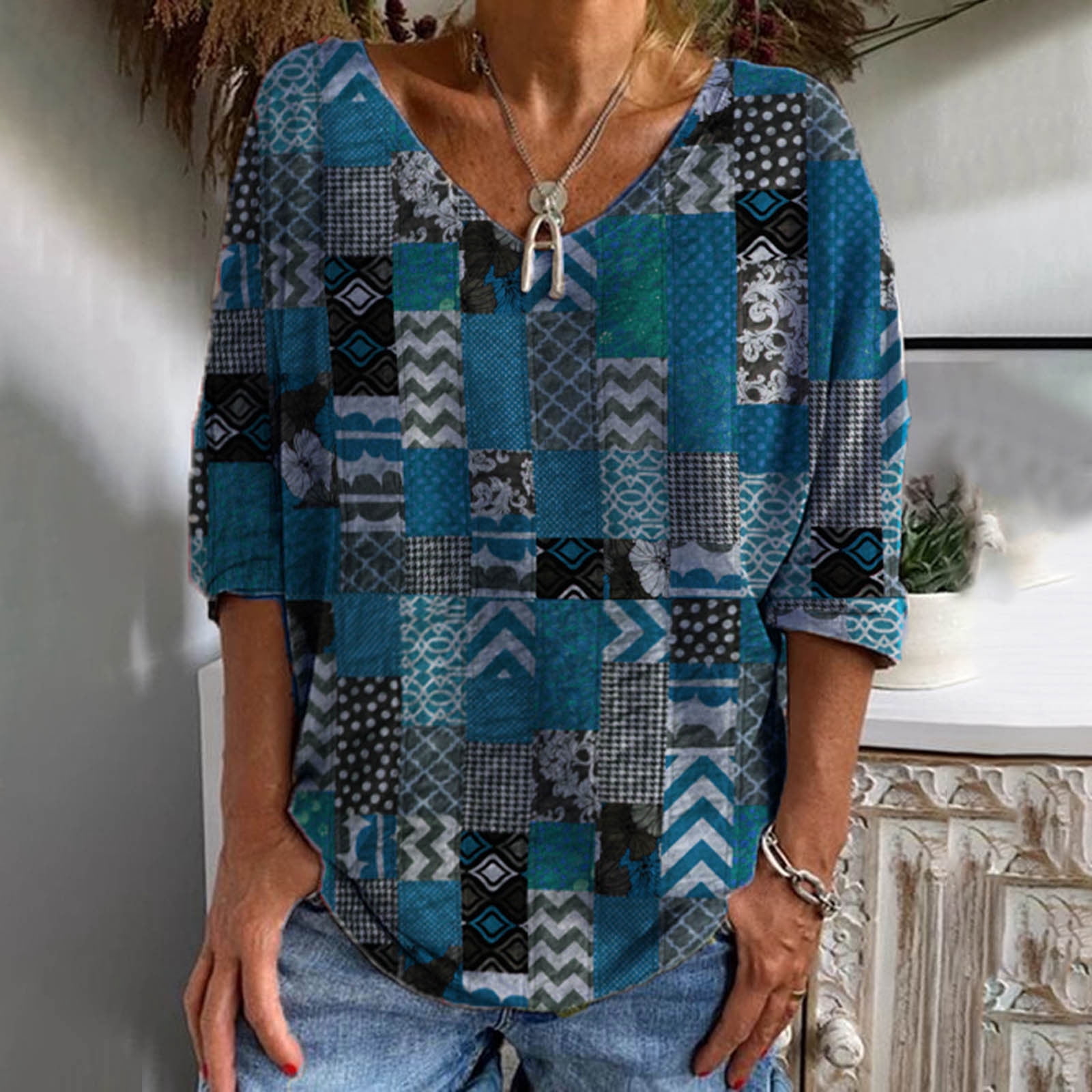 Summer 3 4 Sleeve Tops For Women Ethnic Retro V Neck Elbow Length Tee summer-3-4-sleeve-tops-for-women-ethnic-retro-v-neck-elbow-length-tee