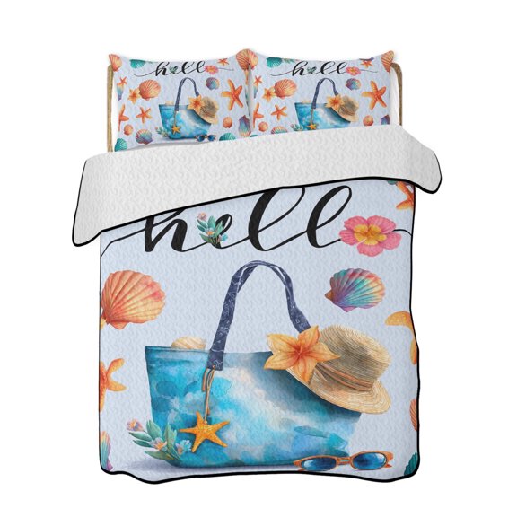 Summer 3 Piece Quilt Bedding Set with 2 Pillow Shams, Beach Bag Seashell Starfish Sunglasses Blue Lightweight Bedspread Coverlet, Soft Breathable All Season Quilt, 79 x 90 Inch