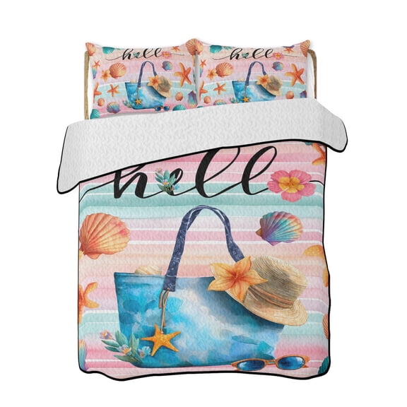 Summer 3 Piece Quilt Bedding Set with 2 Pillow Shams, Beach Bag Seashell Starfish Sunglasses Colorful Strip Lightweight Bedspread Coverlet, Soft Breathable All Season Quilt, 79 x 90 Inch