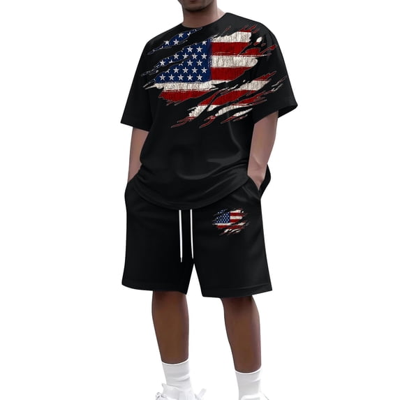 Summer 4th of July Patriotic 2 Piece Short Sets for Men, American Flag Print Loose Fit Crew Neck T-Shirt & Shorts Independence Day Beach Vacation Outfits