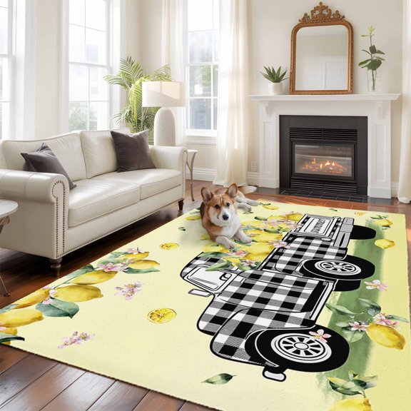 Summer 5x8 Rug for Bedroom Under Queen Bed Placement, Black Plaid Truck with Lemons Fruit Yellow Theme Washable Non Slip Large Rectangle Area Rug