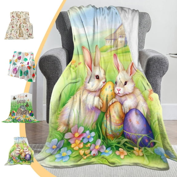 Summer 65% off Clearance! Summer Quilts Queen Easter Themed Flannel Sofa Blanket Cute Bunny And Colorful Eggs Pattern Soft And Comfortable Suitable For Home Decoration And Holiday Gifts