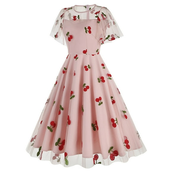 Summer up to 65% off kttectoa Crewneck Short Sleeve Dress for Women Tulle Gown Zipper Tunic Princess Dress Fruit Print Dresses Sundresses for Women Dressy Dress for Outerwear