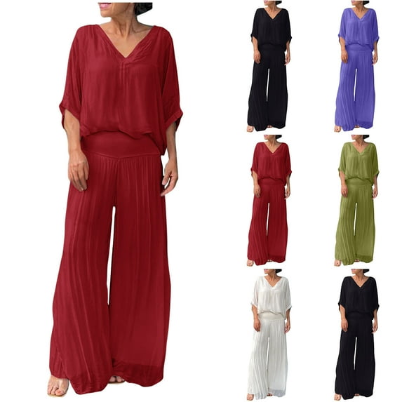 Summer up to 65% off kttectoa Lightweight Split Fork Casual Sets Summer Clothes for Women Solid V-Neck Half Sleeve Elastic Waist Wide Leg Pants Two Piece Sets for Ladies Costume
