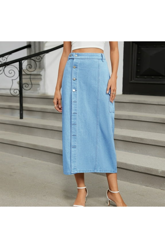 Summer up to 65% off kttectoa Pencil Skirts Button Down Denim Skirt with Pocket Womens Skirts Solid Skirts Elastic Mid Waist Mid-Length Skirt for Ladies Trendy Cocktail Party