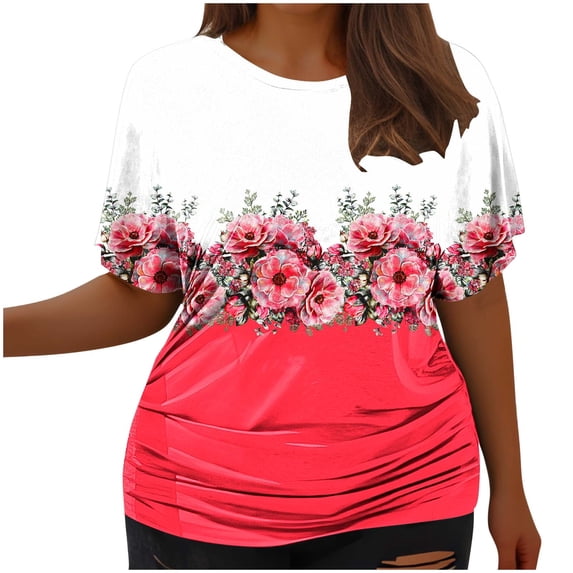 Summer up to 65% off kttectoa Plus Size Loose Pleated Hem Tunic Tops Blouses for Women Floral Print Tops Short Sleeve Crewneck Tunic Tops for Womens Savings Dating