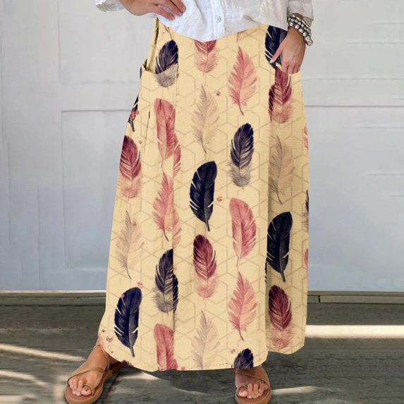 Summer up to 65% off kttectoa Retro Pleated Swing Straight Skirts Pockets Flowy Skirt Feather Print Skirt Elastic Mid Waist Long Skirt for Women Dressy Shopping