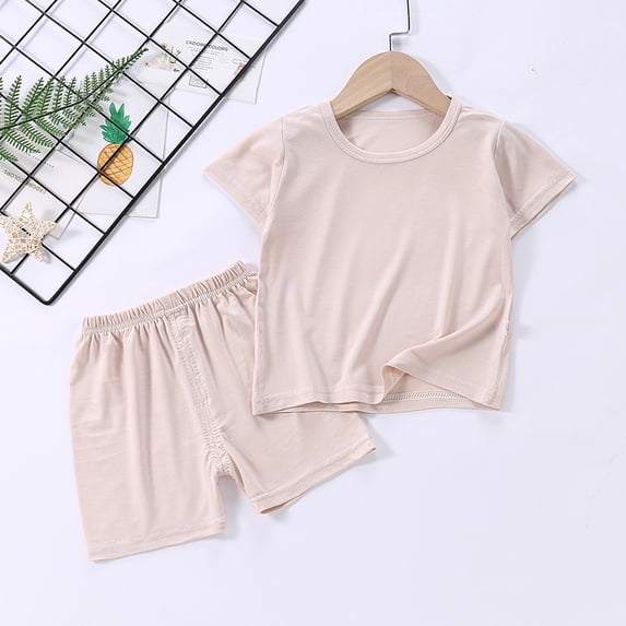 Summer Up to 65% off kttectoa Summer Outfits for Girl Unisex Solid Short Sleeve Crew Neck Tops and Elastic Waist Shorts Pajamas Sets 2 Pieces Outfits Girls Summer Clothes 6M-6T Cyber_Monday Deals