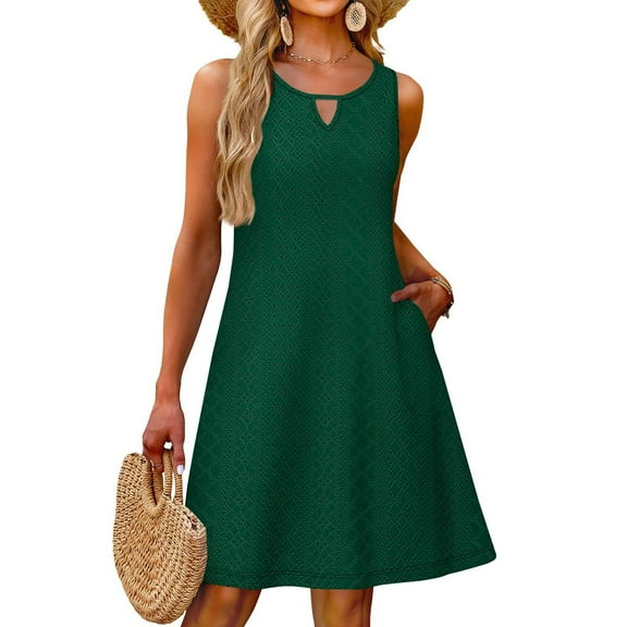 Summer A-Shaped Dresses For Women Solid Round Neck Sleeveless Fishnet Hollow Out Beach Sundresses For Female Vacation Dresses Commuting Female Evening Dress Dark Green S