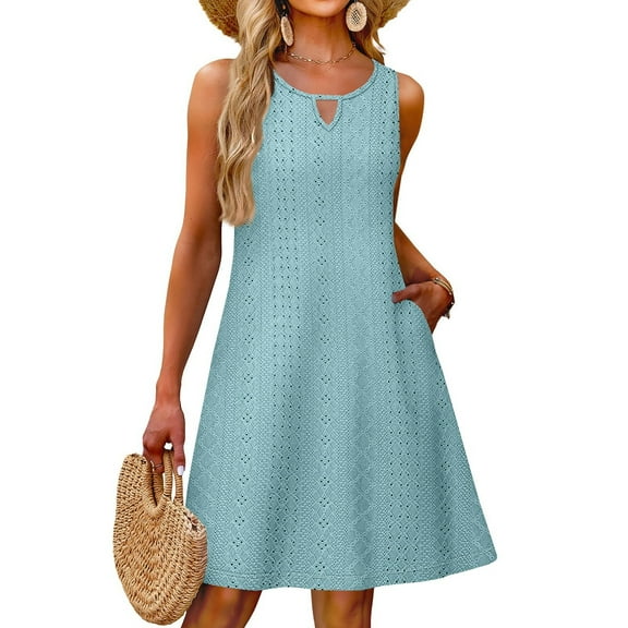 Summer A-Shaped Dresses For Women Solid Round Neck Sleeveless Fishnet Hollow Out Beach Sundresses For Female Vacation Dresses Commuting Female Evening Dress Sky Blue S