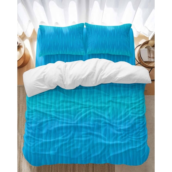 Summer Abstract Bedding Duvet Cover Set Full Size 4 Pieces Geometric Gradient Blue Ocean Wave Bedding Set with Zipper Closure, 1 Comforter Cover 86x86 Inches 1 Flat Sheet & 2 Pillow Cases