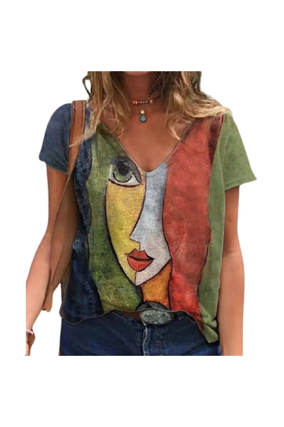 Summer Abstract Face Printed T Shirts for Women V-Neck Short Sleeve Casual T-Shirt Red L