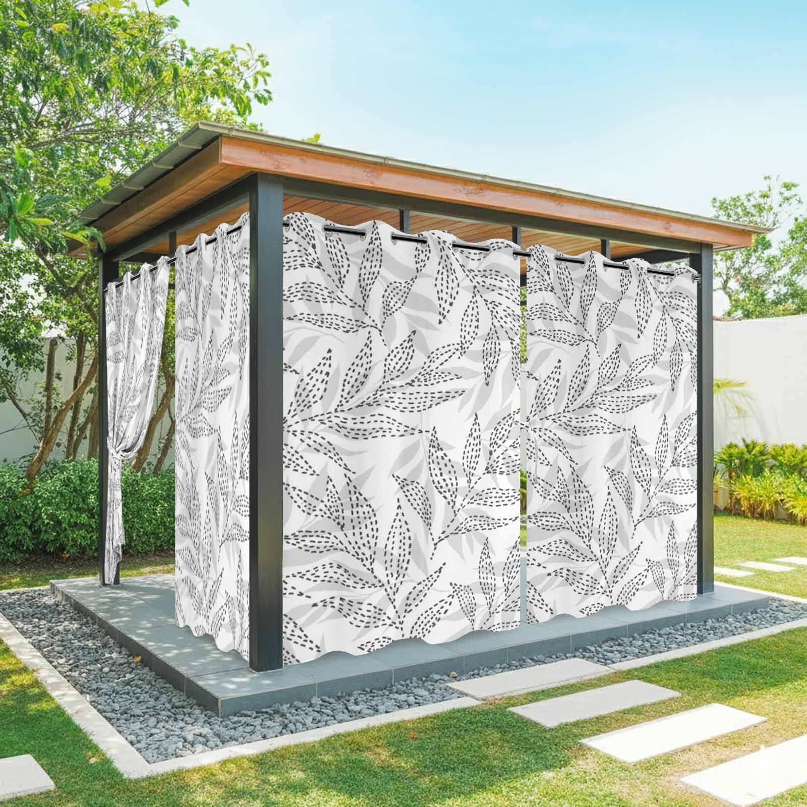 Summer Abstract Leaf Outdoor Curtains for Patio, Country Farm Tropical Grey Leaves Sketch Style Sunshade Privacy Drapes Grommet Waterproof Outside Curtains for Porch/Cabana/Balcony 54"x 108", 1 Panel