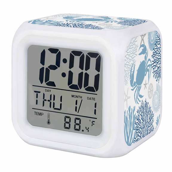 Summer Alarm Clock, Navy Blue Crab Coral Seashell Nautical Coastal Ocean Digital Clock Night Light with 7 Color, Calendar Temperature Display, LED Desk Small Clock for Bedrooms Bedside Living Room