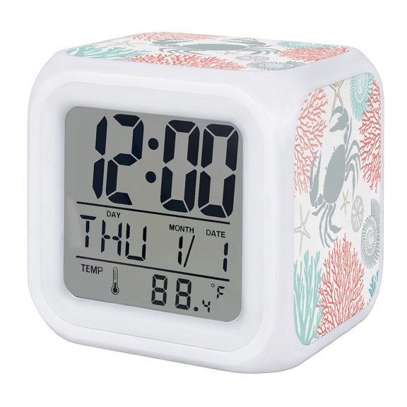 Summer Alarm Clock, Red Orange Crab Coral Seashell Nautical Coastal Ocean Digital Clock Night Light with 7 Color, Calendar Temperature Display, LED Desk Small Clock for Bedrooms Bedside Living Room