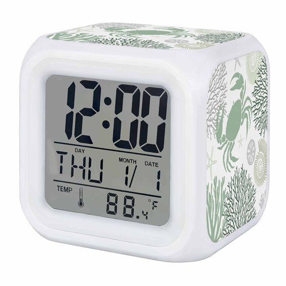 Summer Alarm Clock, Sage Green Crab Coral Seashell Nautical Coastal Ocean Digital Clock Night Light with 7 Color, Calendar Temperature Display, LED Desk Small Clock for Bedrooms Bedside Living Room
