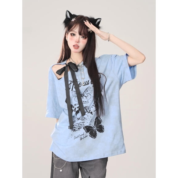 Summer American Style Print Sweet Tops Y2k Loose Fashion Tees Hot Girls Long Sleeve Korean Style Casual Tshirts Thin Design Chic