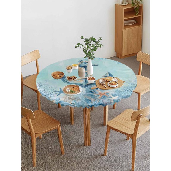 Summer Anchor Round Fitted Tablecloth with Elastic Edge, Retro Teal Orange Ocean Corals Starfish Coastal Waterproof Stretch Table Covers for 36"-44" Tables Wipeable Table Cloth for Outdoor