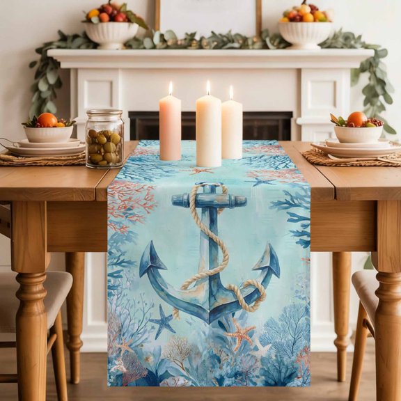 Summer Anchor Table Runner, Retro Teal Orange Ocean Corals Starfish Coastal Cotton Linen Kitchen Table Decoration Washable Dining Tabletop Runners for Home Party Decor 13x48 Inches