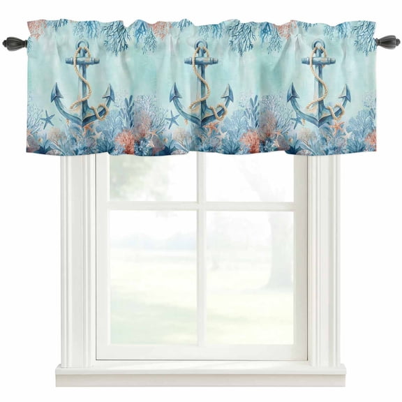 Summer Anchor Valances for Windows Retro Teal Orange Ocean Corals Starfish Coastal Rod Pocket Curtain Valance Window Treatment Short Curtains for Kitchen Living Room, 54"x18"