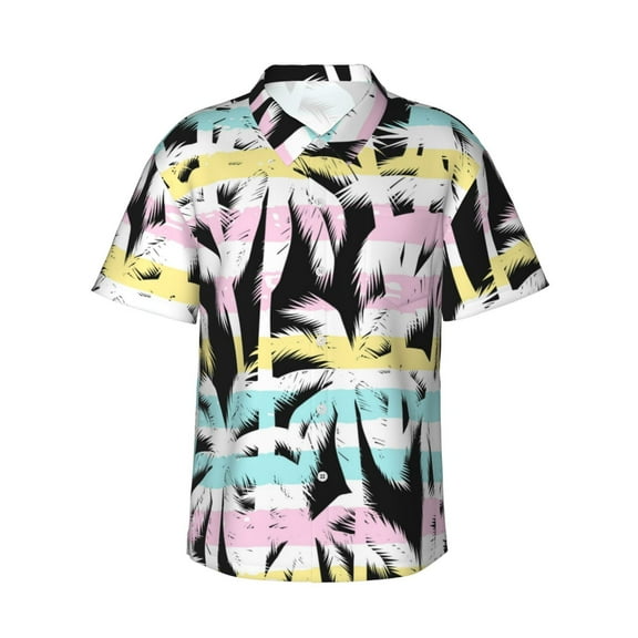 Summer And Palm Stripe Men's 3d Print Casual Button Down Shirts, Novelty Hawaiian Short Sleeves L