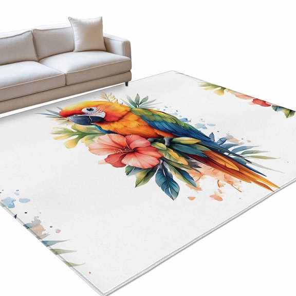 Summer Animal Area Rugs 5x8ft Retro Watercolor Flowers Orange Parrot Floor Rug Non Slip Low Pile Ultra Soft Throw Carpet for Entryway Indoor Entrance Kitchen Bathroom