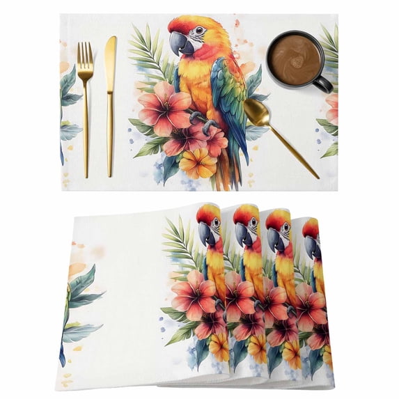 Summer Animal Placemats Set of 12, Retro Watercolor Floral Parrot Non-Slip Place Mats Washable Table Mats for Kitchen Dining Table Decorations Indoor/Outdoor