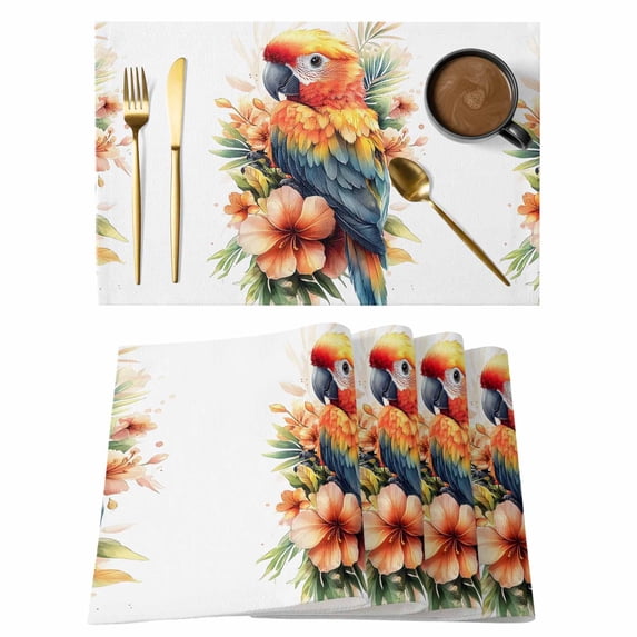 Summer Animal Placemats Set of 8, Retro Watercolor Floral Orange Parrot Non-Slip Place Mats Washable Table Mats for Kitchen Dining Table Decorations Indoor/Outdoor