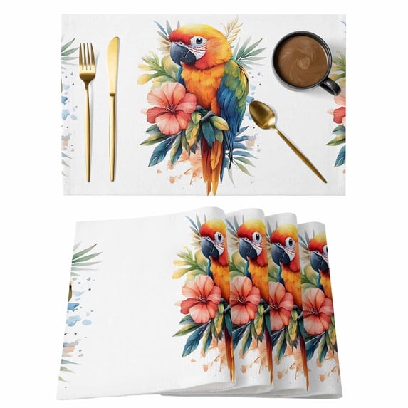 Summer Animal Placemats Set of 8, Retro Watercolor Flowers Orange Parrot Non-Slip Place Mats Washable Table Mats for Kitchen Dining Table Decorations Indoor/Outdoor