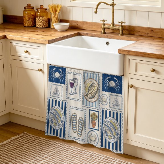 Summer Animals Cabinet Curtain, Cartoon Flip-Flops Grilled Fish Crab Cute Sailboat Sink Skirt for Bathroom, Under Sink shelf Curtain Privacy Drape for Kitchen Laundry Room 35x35in