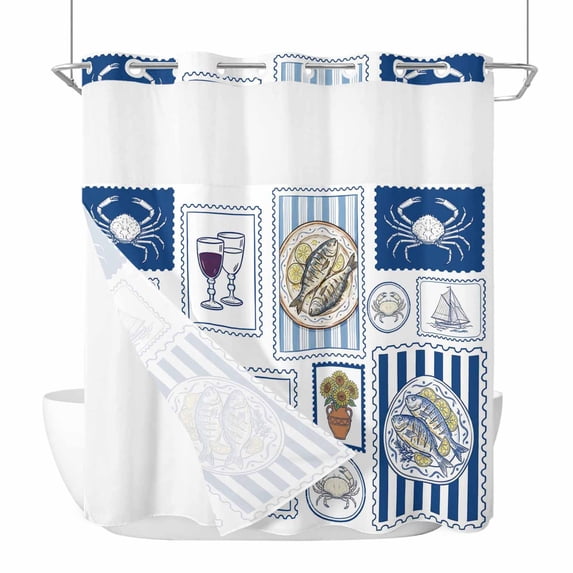 Summer Animals No Hook Shower Curtain with Snap in Liner Grilled Fish Crab Cute Sailboat Cartoon Flip-Flops Waterproof Bathroom Shower Curtain with See Through Top Window for Bathtub 72" x 72"