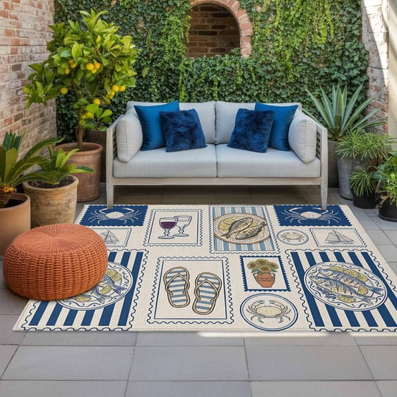 Summer Animals Indoor Outdoor Rugs 4x6 Ft, Cartoon Flip-Flops Grilled Fish Crab Cute Sailboat Outdoor Patio Rugs Mat Washable Outside Area Rugs Carpet for Porch Deck RV Camping Pool Balcony Backyard