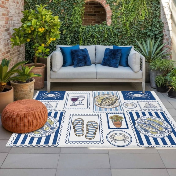 Summer Animals Indoor Outdoor Rugs 4x6 Ft, Grilled Fish Crab Cute Sailboat Cartoon Flip-Flops Outdoor Patio Rugs Mat Washable Outside Area Rugs Carpet for Porch Deck RV Camping Pool Balcony Backyard