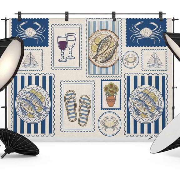 Summer Animals Photography Backdrop 7x5FT, Cartoon Flip-Flops Grilled Fish Crab Cute Sailboat Photo Backdrops, Background for Photography Studio Photo Studio Background, Back Drop for Photoshoot