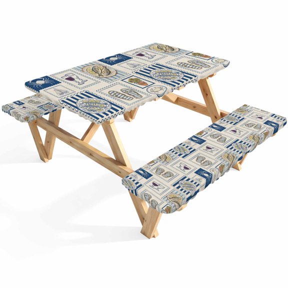 Summer Animals Picnic Table Cover with Bench Covers Cartoon Flip-Flops Grilled Fish Crab Cute Sailboat Waterproof Fitted Picnic Tablecloth 3 Pieces Set Table Cloth for Outdoor Camping Garden BBQ