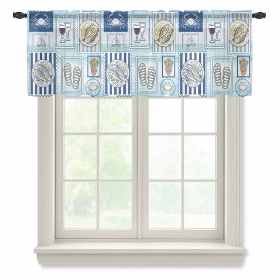 Summer Animals Sheer Valances for Windows, Cartoon Flip-Flops Grilled Fish Crab Cute Sailboat Blue Semi Sheer Kitchen Valance Rod Pocket Small Voile Curtains for Living Room Bedroom 42 x 12 Inch
