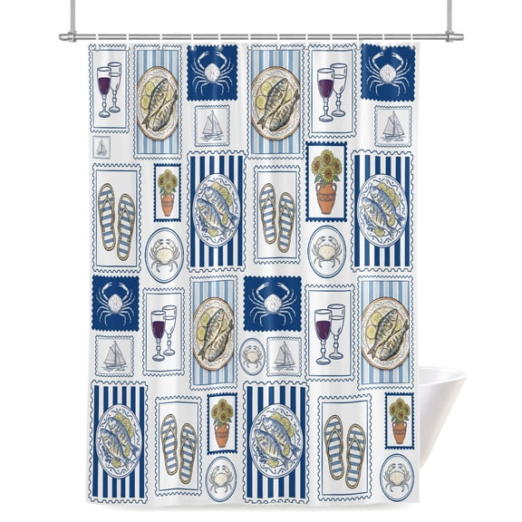 Summer Animals Shower Curtain, Grilled Fish Crab Cute Sailboat Cartoon Flip-Flops Waterproof Shower Curtain Set with 12 Hooks Lightweight Bath Curtains Fabric Bathroom Decor 36x72 Inches