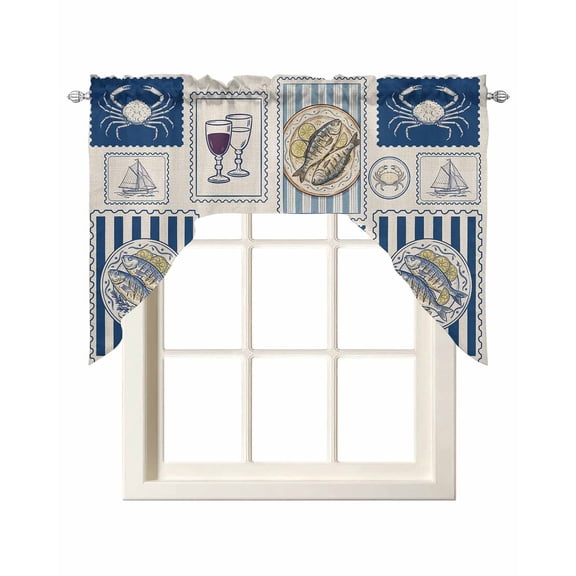 Summer Animals Swag Valance for Window, Cartoon Flip-Flops Grilled Fish Crab Cute Sailboat Light Filtering Swag Curtain Rod Pocket Kitchen Curtain Valance for Bedroom