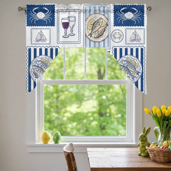 Summer Animals Swag Valances for Kitchen Window, Grilled Fish Crab Cute Sailboat Cartoon Flip-Flops Small Swag Valances Rod Pocket Curtain Drapes Window Treatment for Bedroom Bathroom, 56x36 Inch