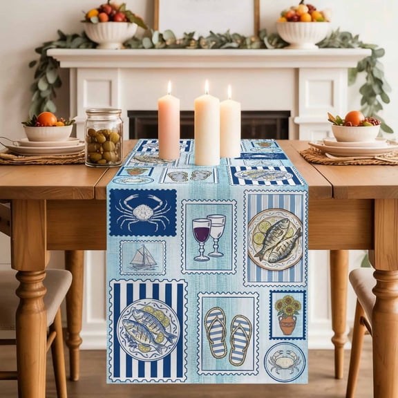 Summer Animals Table Runner, Cartoon Flip-Flops Grilled Fish Crab Cute Sailboat Blue Cotton Linen Kitchen Table Decoration Washable Dining Tabletop Runners for Home Party Decor 13x120 Inches