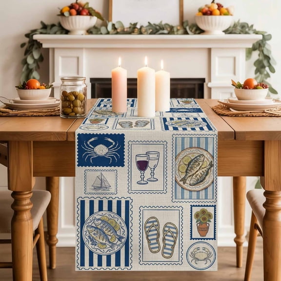 Summer Animals Table Runner, Cartoon Flip-Flops Grilled Fish Crab Cute Sailboat Cotton Linen Kitchen Table Decoration Washable Dining Tabletop Runners for Home Party Decor 13x72 Inches