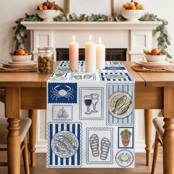 Summer Animals Table Runner, Grilled Fish Crab Cute Sailboat Cartoon Flip-Flops Cotton Linen Kitchen Table Decoration Washable Dining Tabletop Runners for Home Party Decor 13x72 Inches