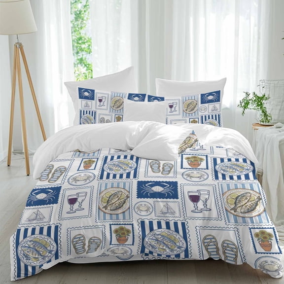 Summer Animals Twin Size Comforter Set, Grilled Fish Crab Cute Sailboat Cartoon Flip-Flops Bedding for All Seasons, 4 Pcs Bed Set, 1 Quiltcover (68"x86") ,1Sheet(67"x116"), 2Pillowcases (30"x20")