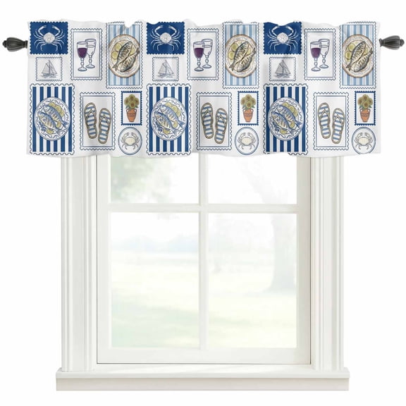 Summer Animals Valances for Windows Grilled Fish Crab Cute Sailboat Cartoon Flip-Flops Rod Pocket Curtain Valance Window Treatment Short Curtains for Kitchen Living Room, 42"x12"