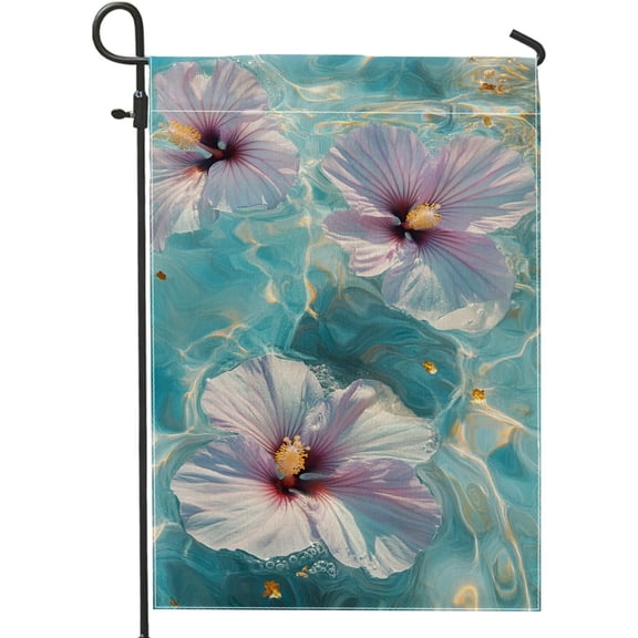 Summer Aqua Floral Garden Flag, Peach Hibiscus Water Decor Banner, Double Sided Outdoor Lawn Decoration, Beach Themed Party Yard Flag 12x18 Inch