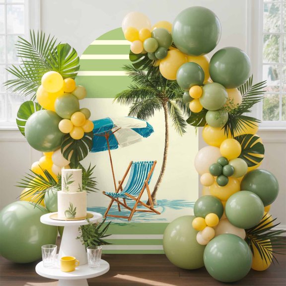 Summer Arch Backdrop Cover, 4FT, Beach Scene Sun Umbrella Palm Trees Green Yellow Stripe Spandex Arch Covers Double-Sided Backdrop for Wedding Birthday Party Photo Background Decoration